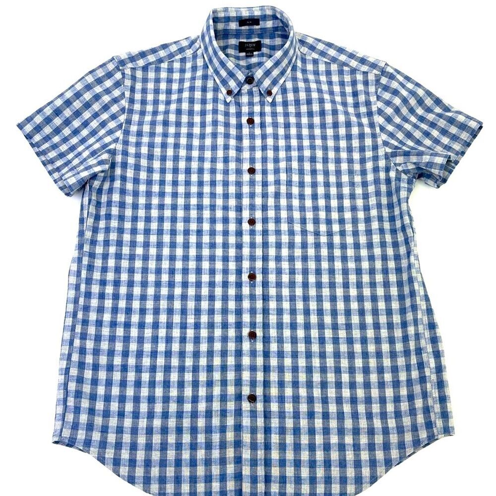 J Crew Homespun Slim Fit Blue Gingham Cotton Button Down Shirt Men's L  Preppy
